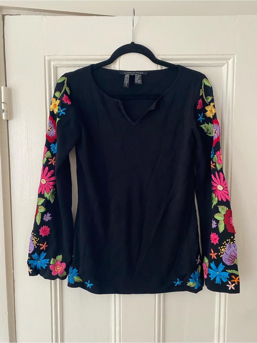 Michelle Nicole Black Tunic with Multicolor Floral Embroidery